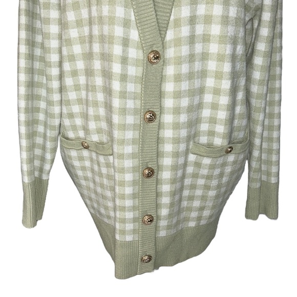 JOIE Green Gingham Checker Plaid Gold Button Front Cardigan - M - Picture 3 of 12